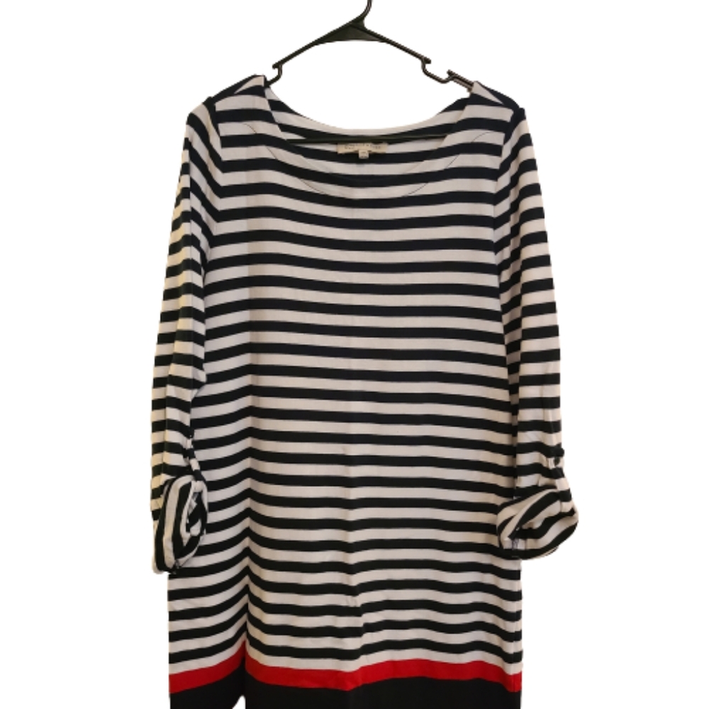 Jones New York Sport Navy, Red, and White Striped 3/4 Sleeve Dress